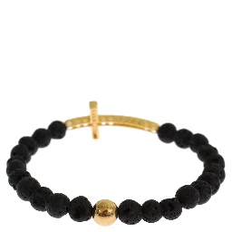 Lava Stone Gold Clear CZ Cross 925 Silver Bracelet