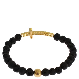 Lava Stone Gold Clear CZ Cross 925 Silver Bracelet