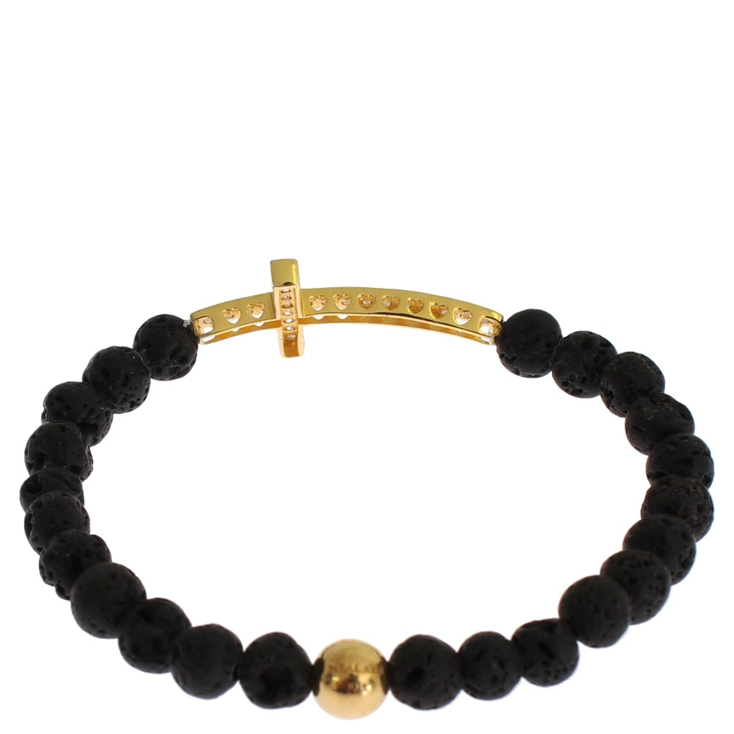 Lava Stone Gold Clear CZ Cross 925 Silver Bracelet