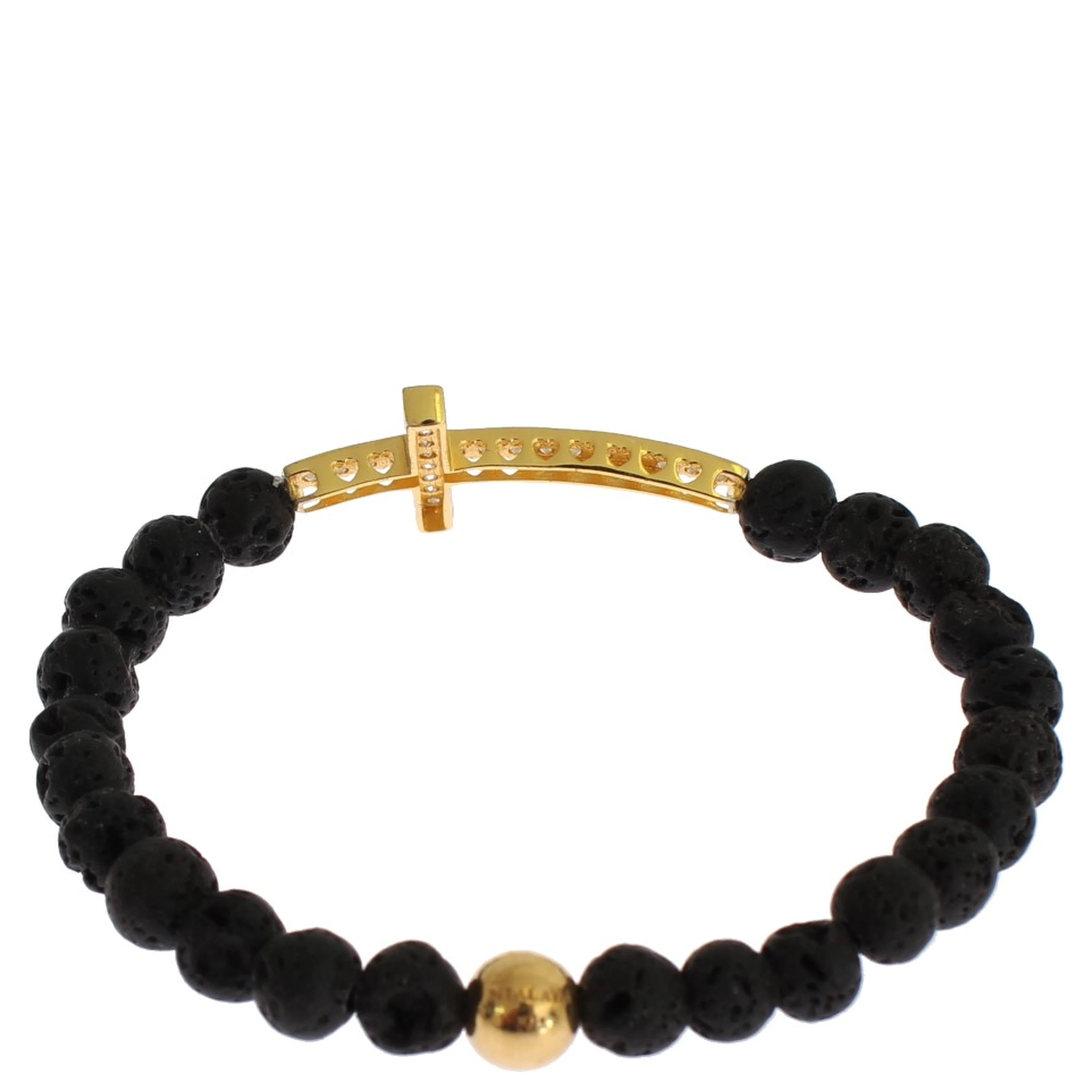 Lava Stone Gold Clear CZ Cross 925 Silver Bracelet
