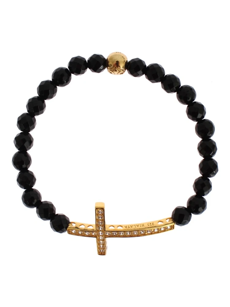 Agate Stone Gold CZ Cross 925 Silver Bracelet