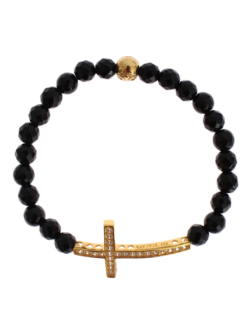 Agate Stone Gold CZ Cross 925 Silver Bracelet