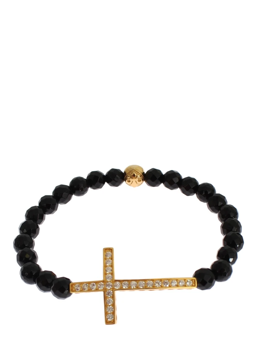 Agate Stone Gold CZ Cross 925 Silver Bracelet