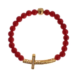 Red Coral Gold CZ Cross 925 Silver Bracelet