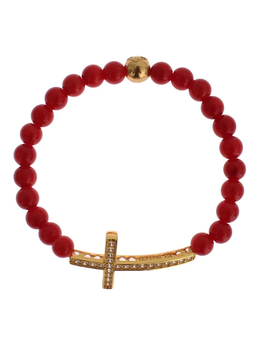 Red Coral Gold CZ Cross 925 Silver Bracelet
