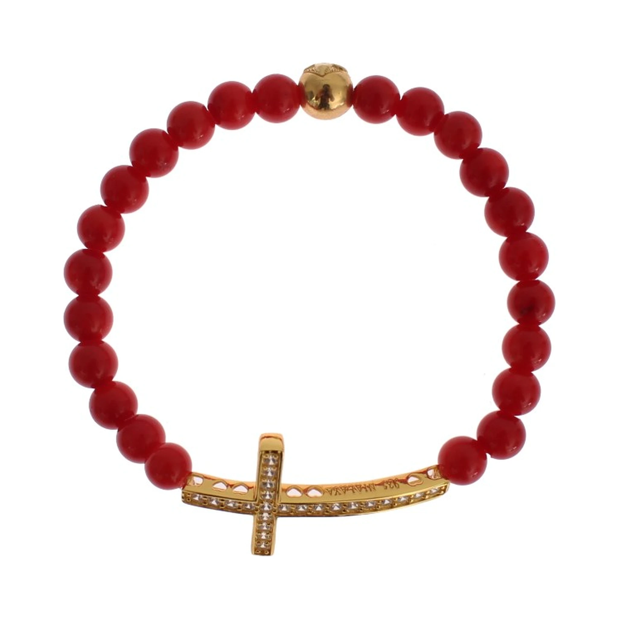 Red Coral Gold CZ Cross 925 Silver Bracelet