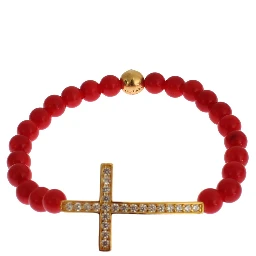 Red Coral Gold CZ Cross 925 Silver Bracelet