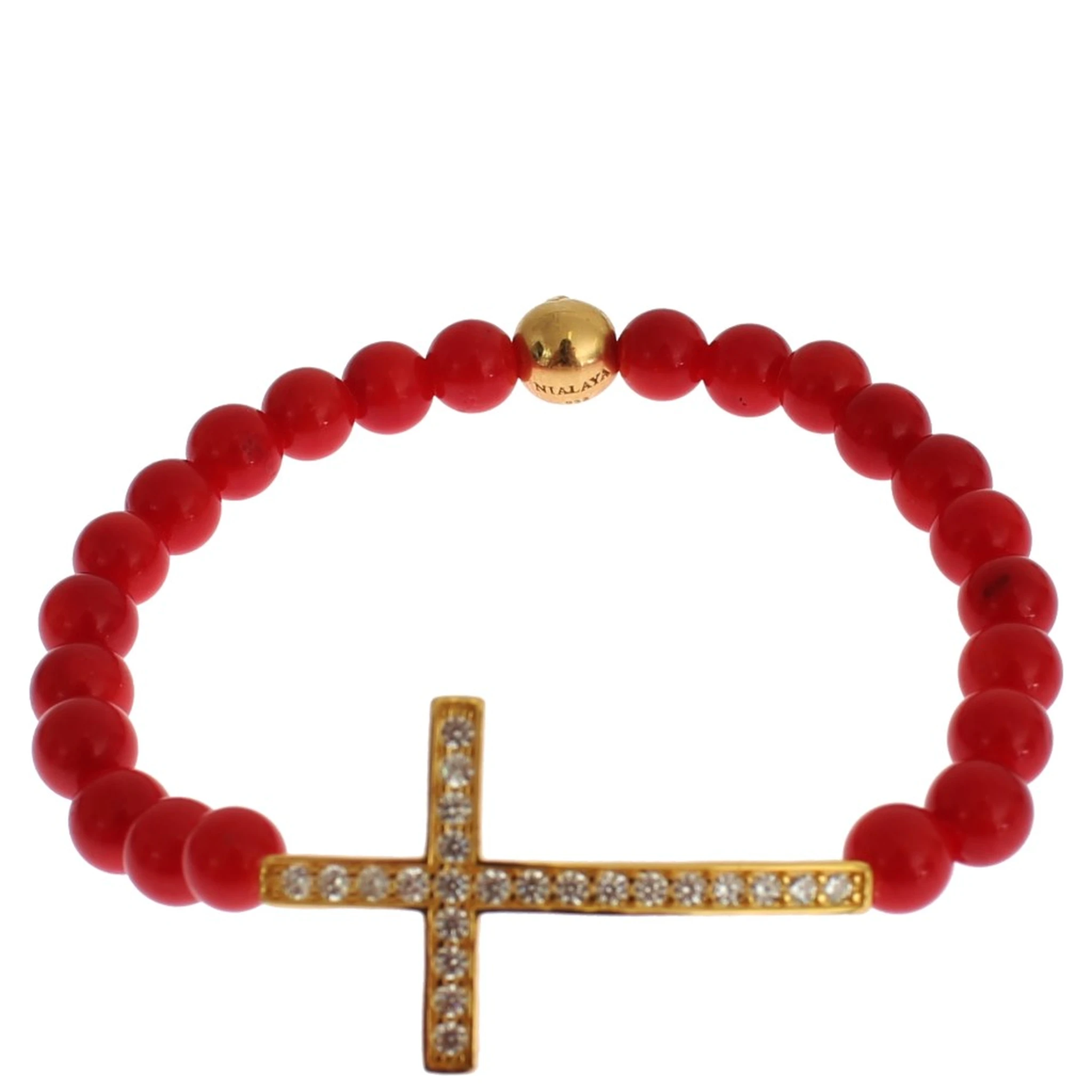 Red Coral Gold CZ Cross 925 Silver Bracelet