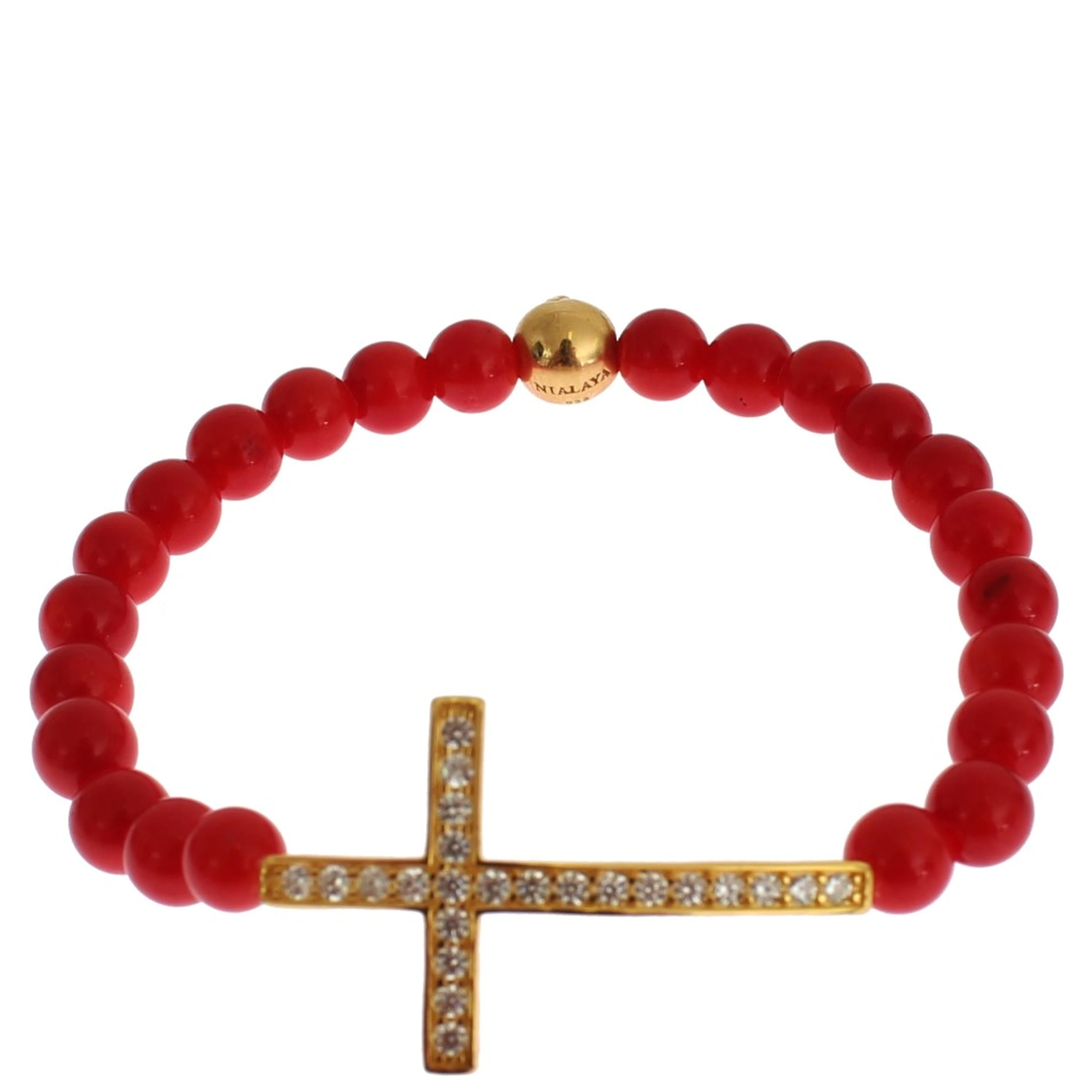 Red Coral Gold CZ Cross 925 Silver Bracelet