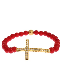 Red Coral Gold CZ Cross 925 Silver Bracelet