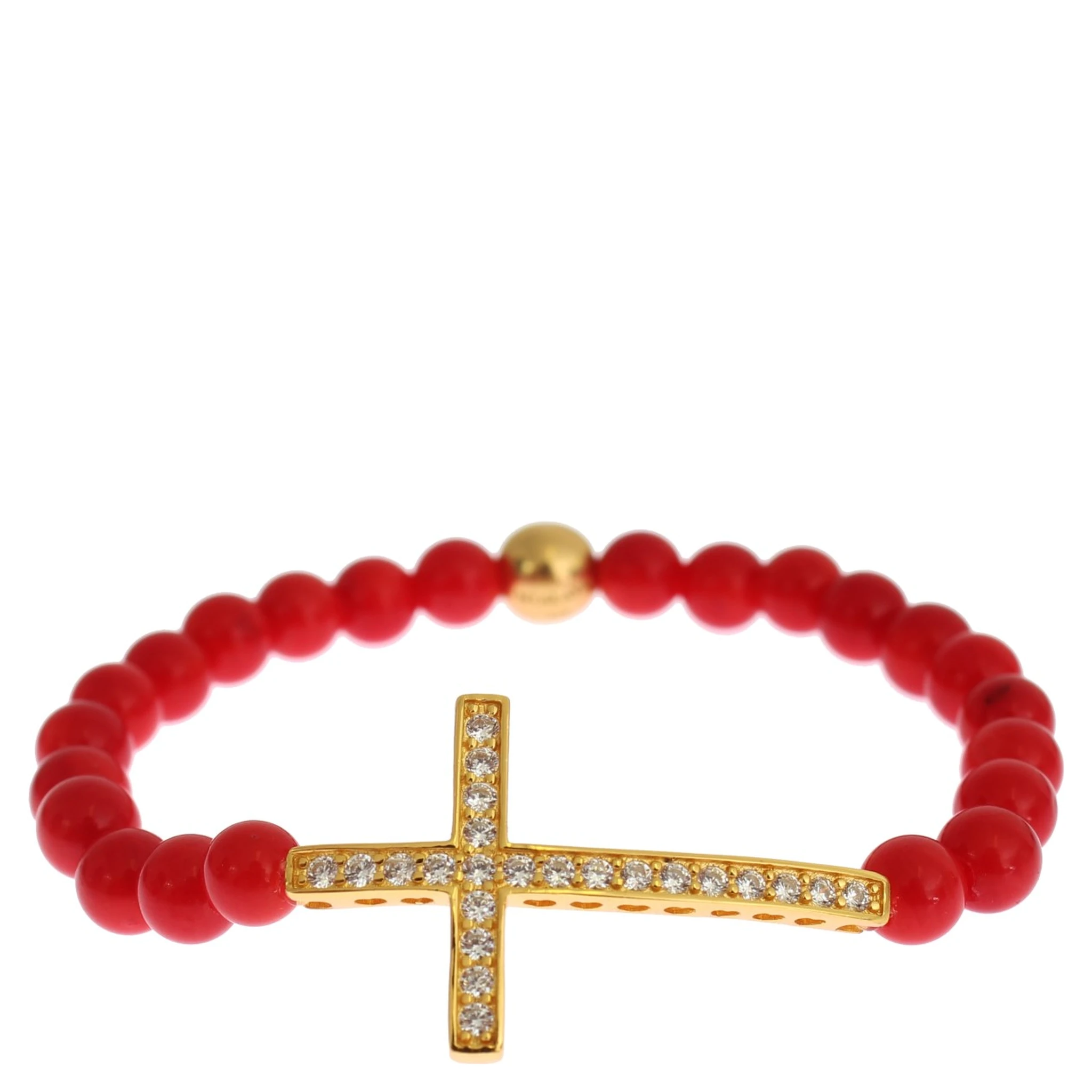 Red Coral Gold CZ Cross 925 Silver Bracelet