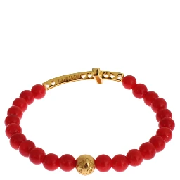 Red Coral Gold CZ Cross 925 Silver Bracelet