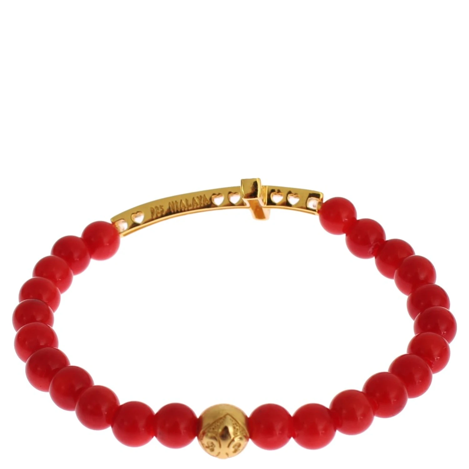 Red Coral Gold CZ Cross 925 Silver Bracelet