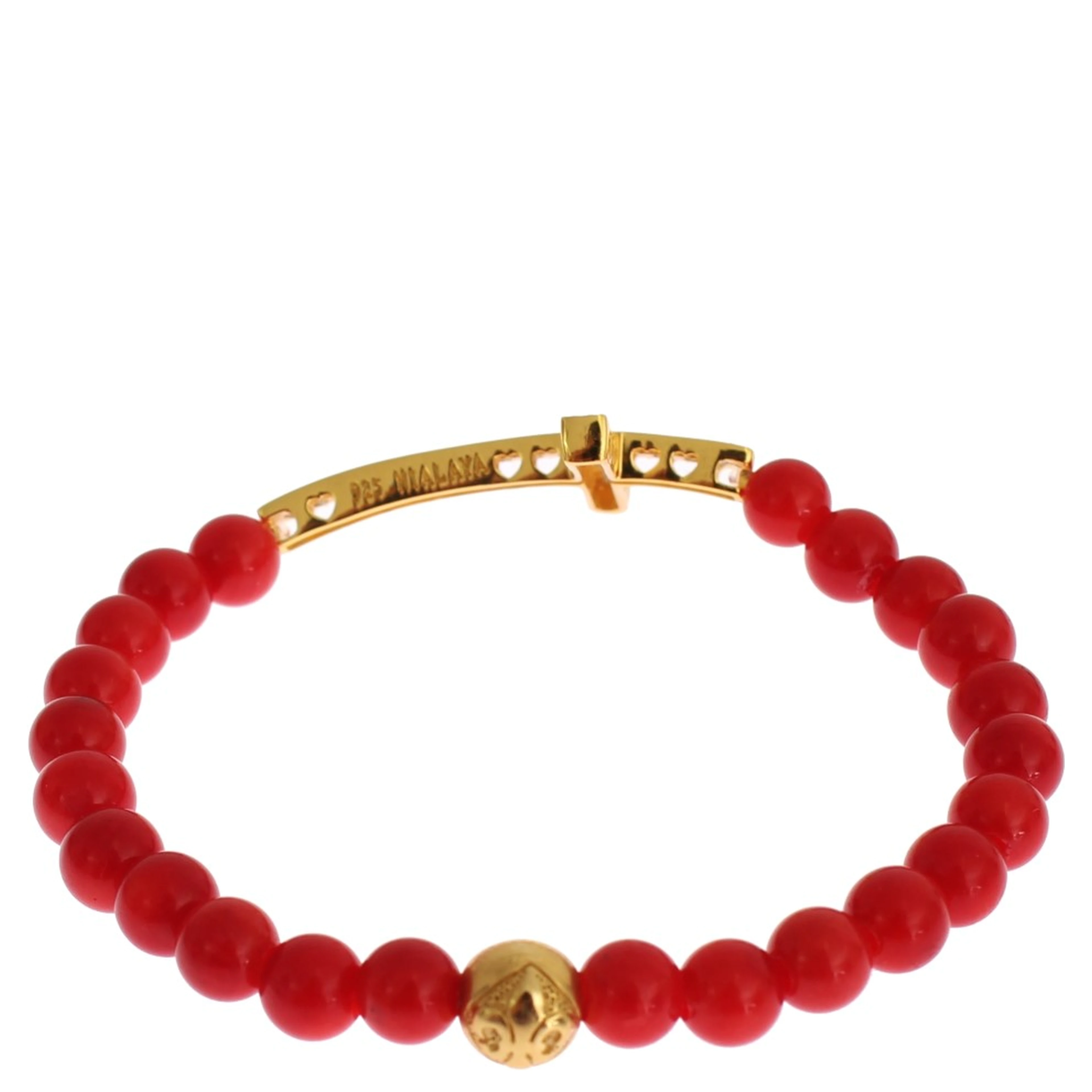 Red Coral Gold CZ Cross 925 Silver Bracelet