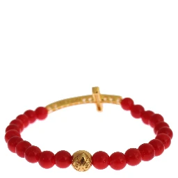 Red Coral Gold CZ Cross 925 Silver Bracelet