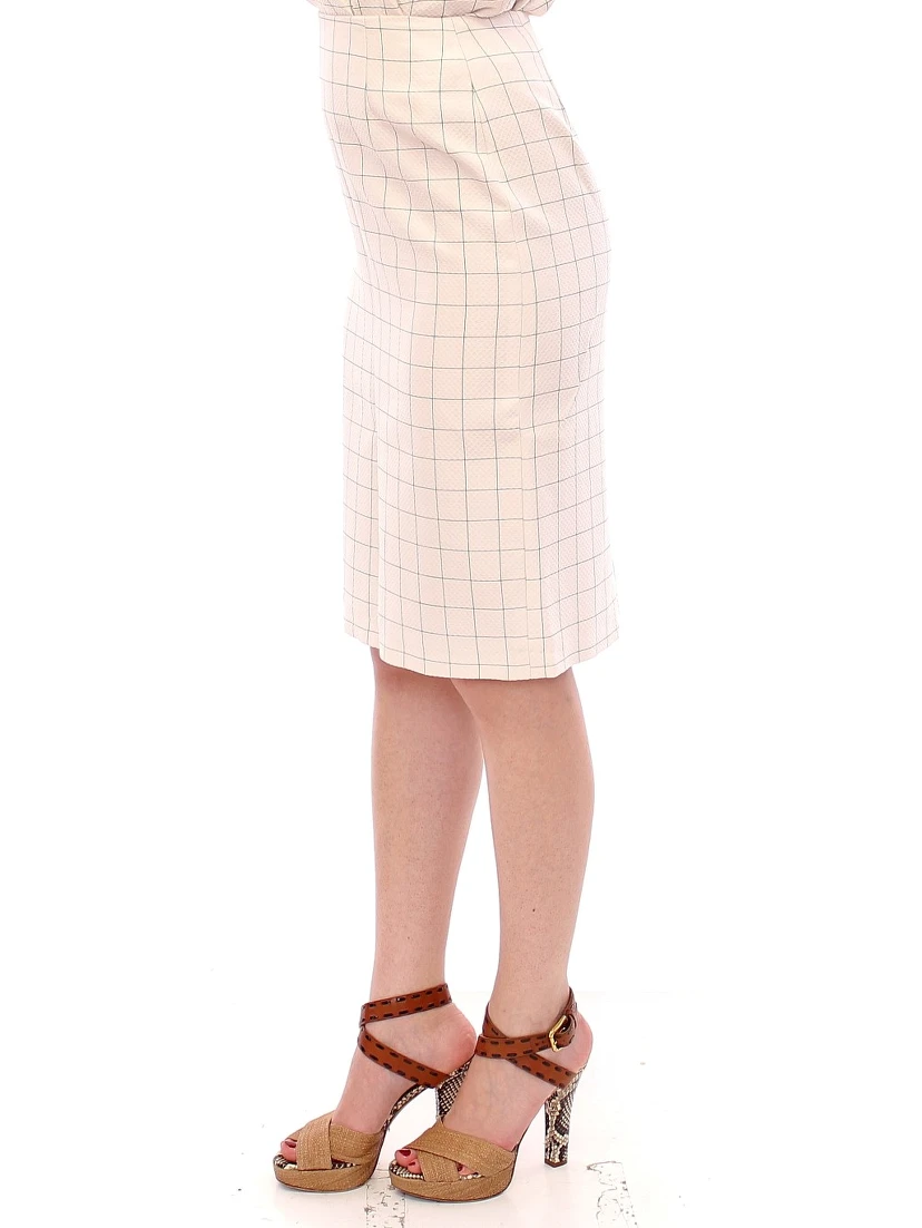 White Cotton Checkered Pencil Skirt