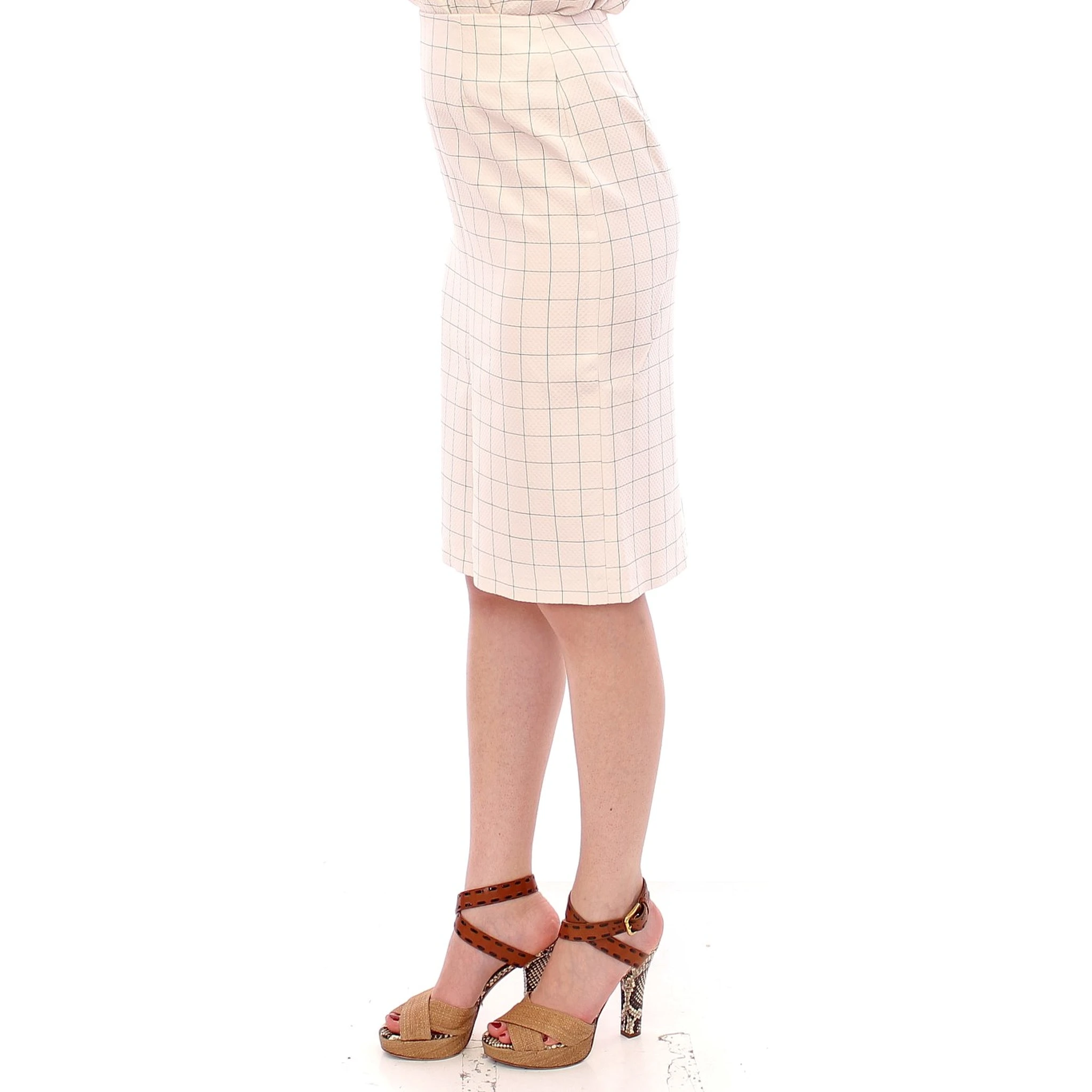 White Cotton Checkered Pencil Skirt