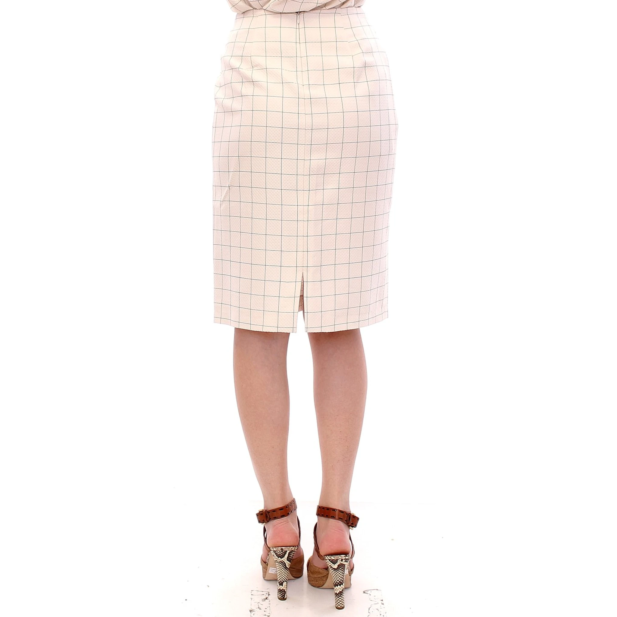 White Cotton Checkered Pencil Skirt