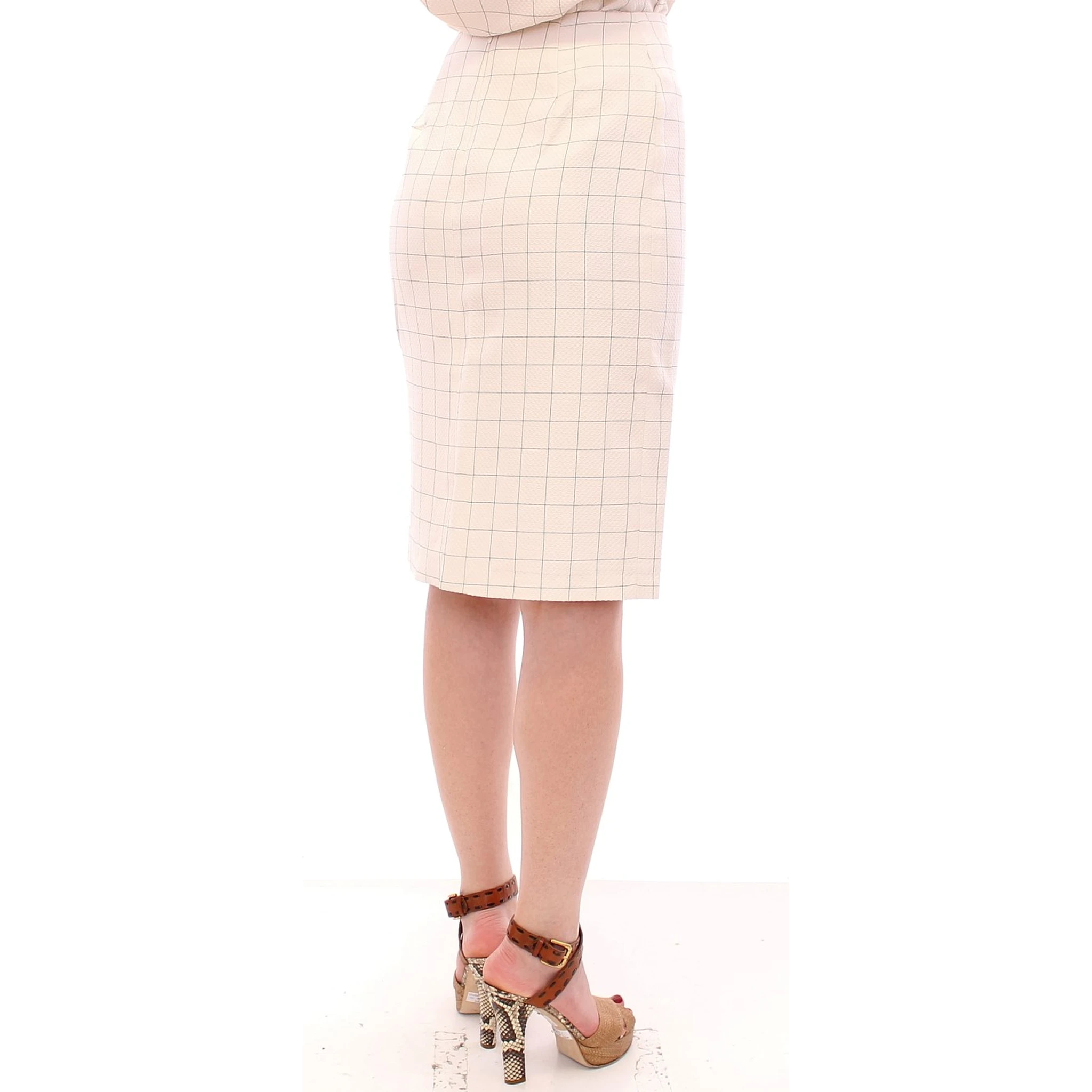 White Cotton Checkered Pencil Skirt
