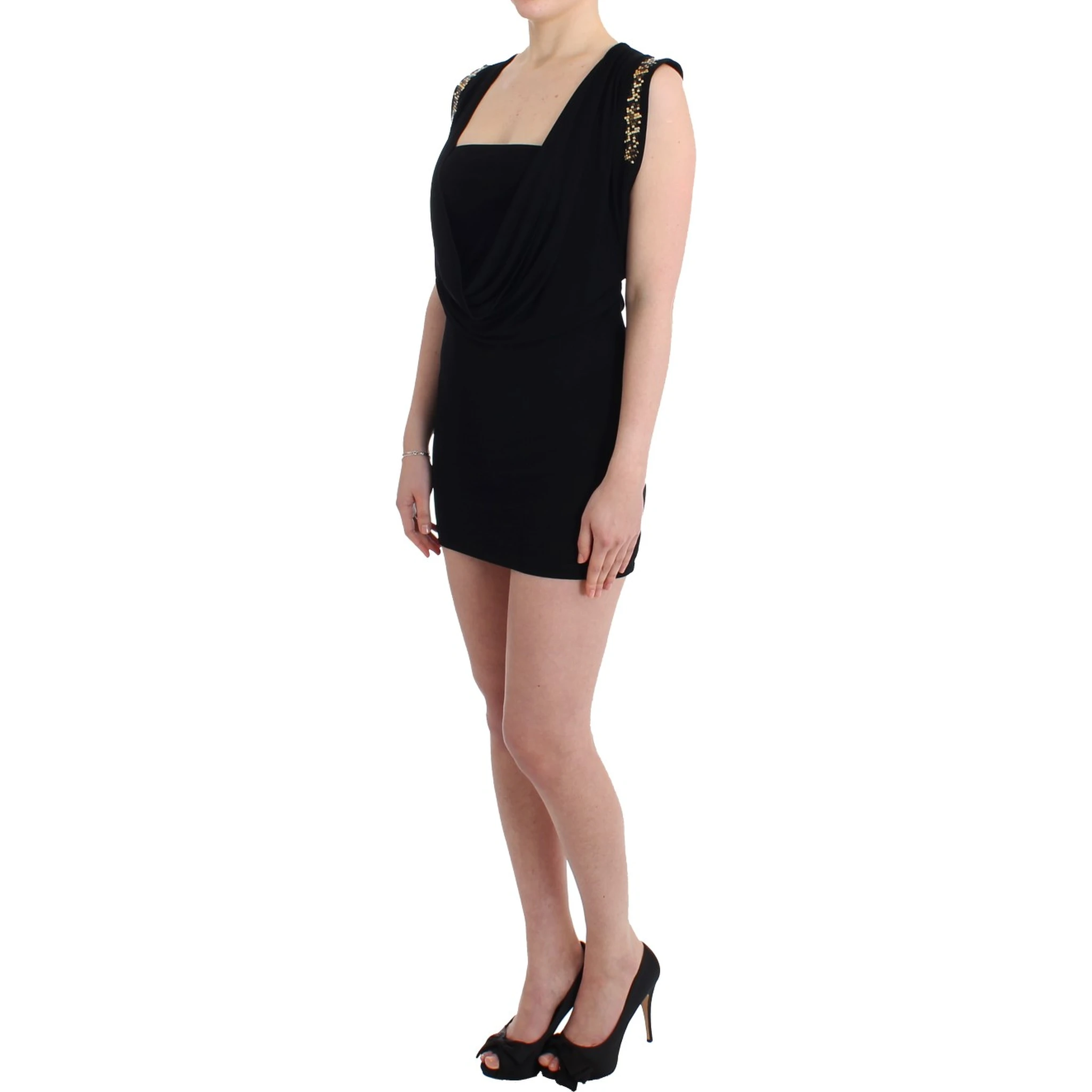 Black Embellished Jersey Mini Sheath Short Dress