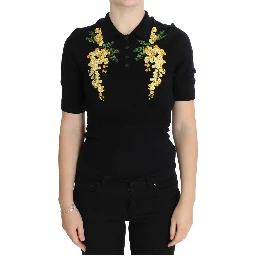 Black Silk Floral Embroidered Polo Top