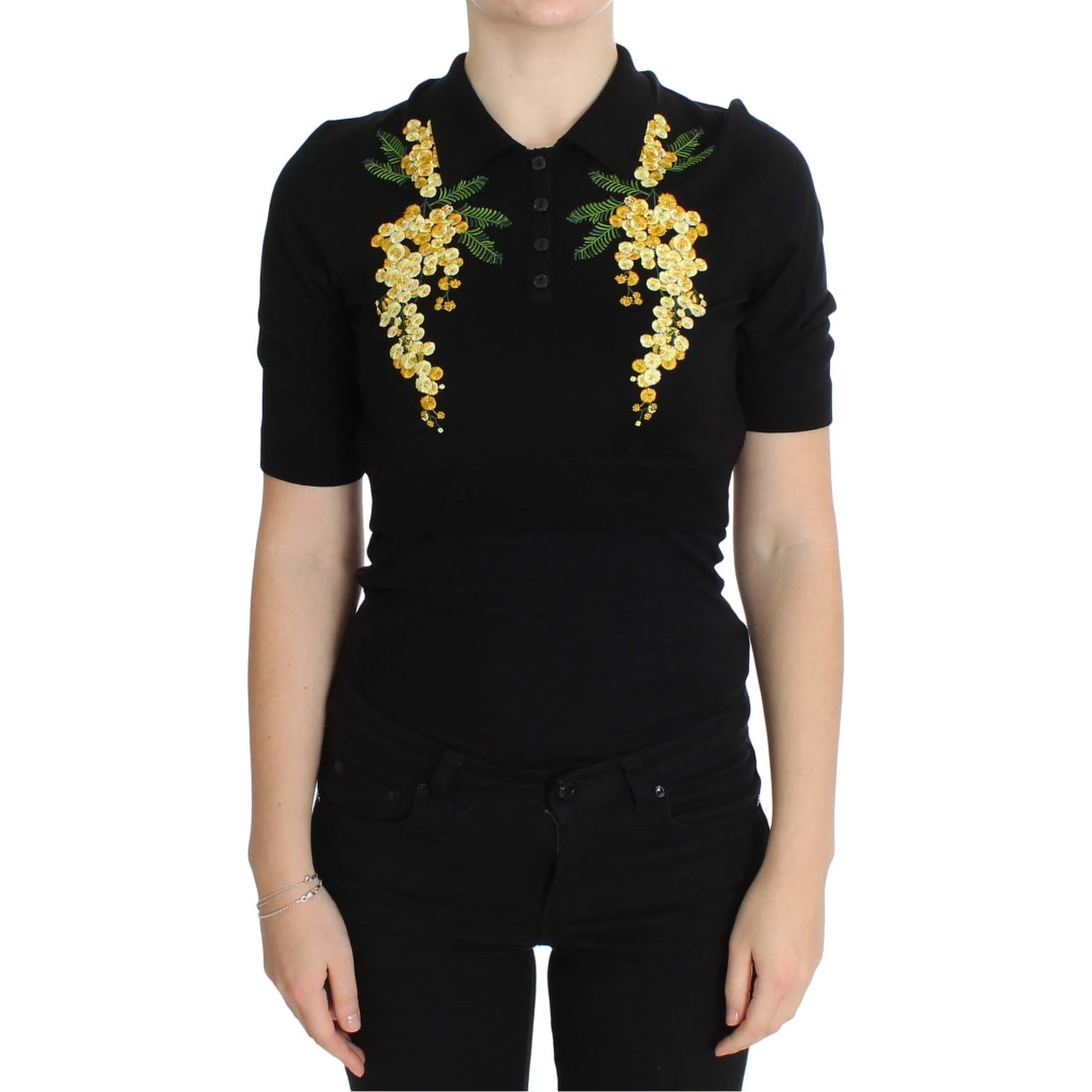 Black Silk Floral Embroidered Polo Top