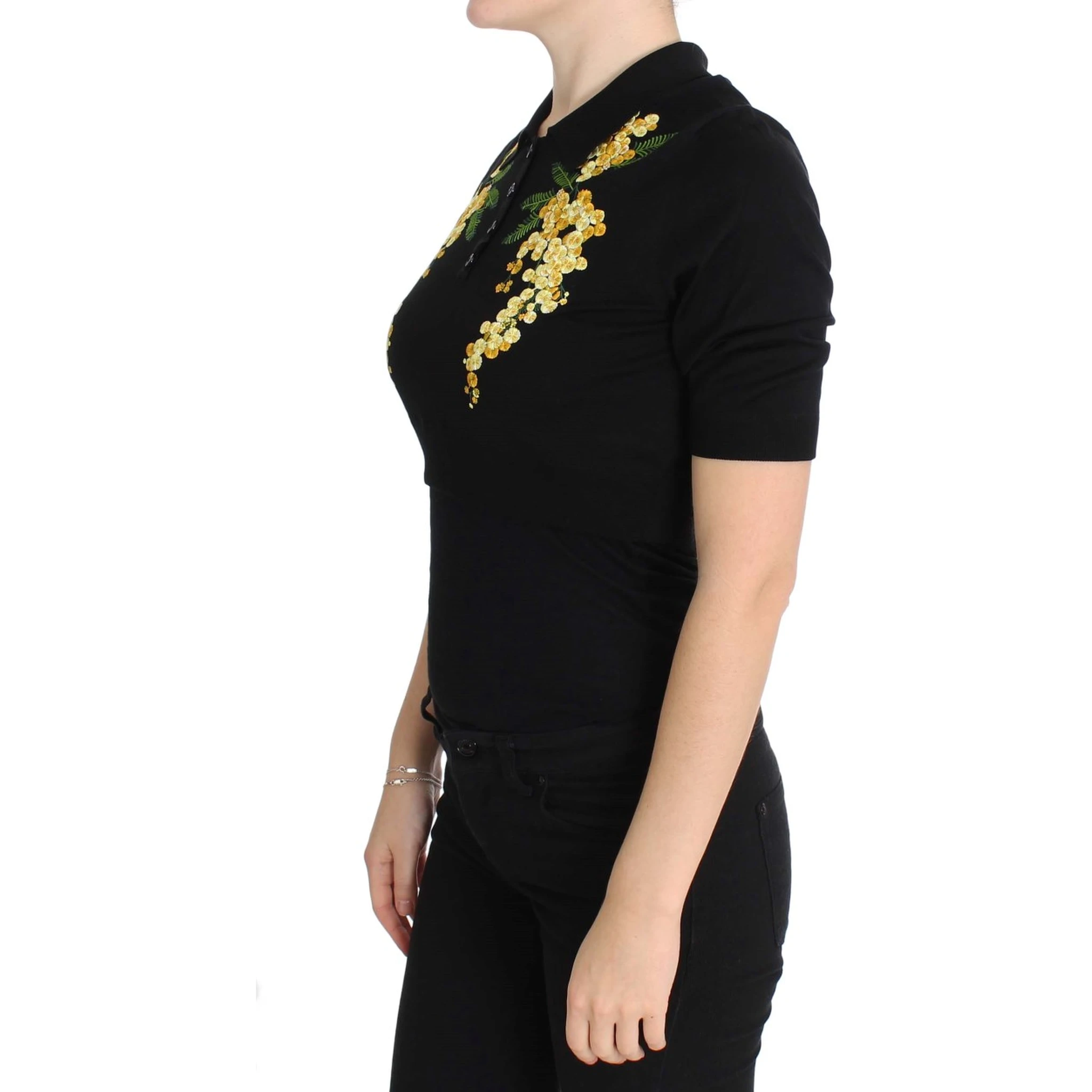 Black Silk Floral Embroidered Polo Top