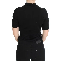 Black Silk Floral Embroidered Polo Top