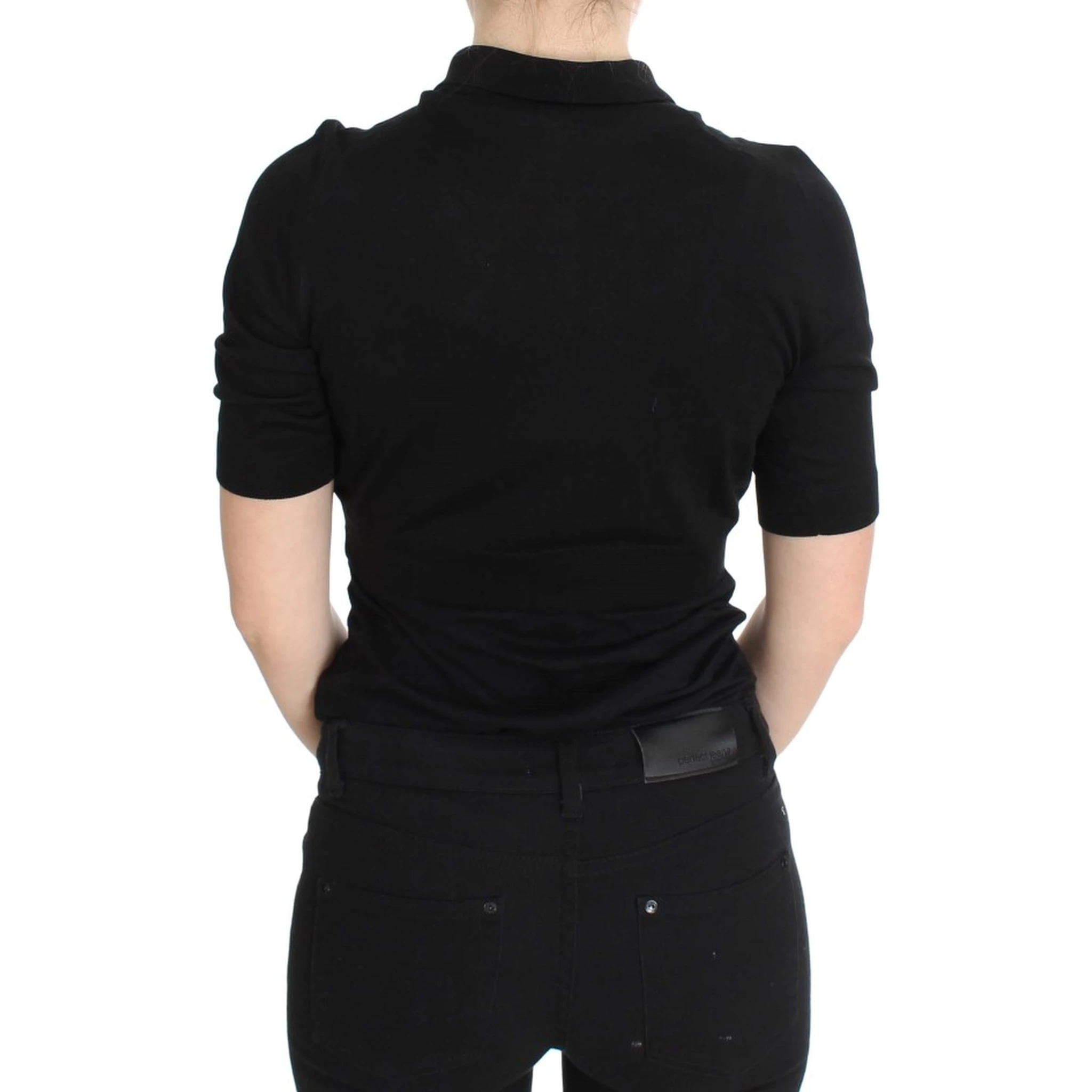 Black Silk Floral Embroidered Polo Top