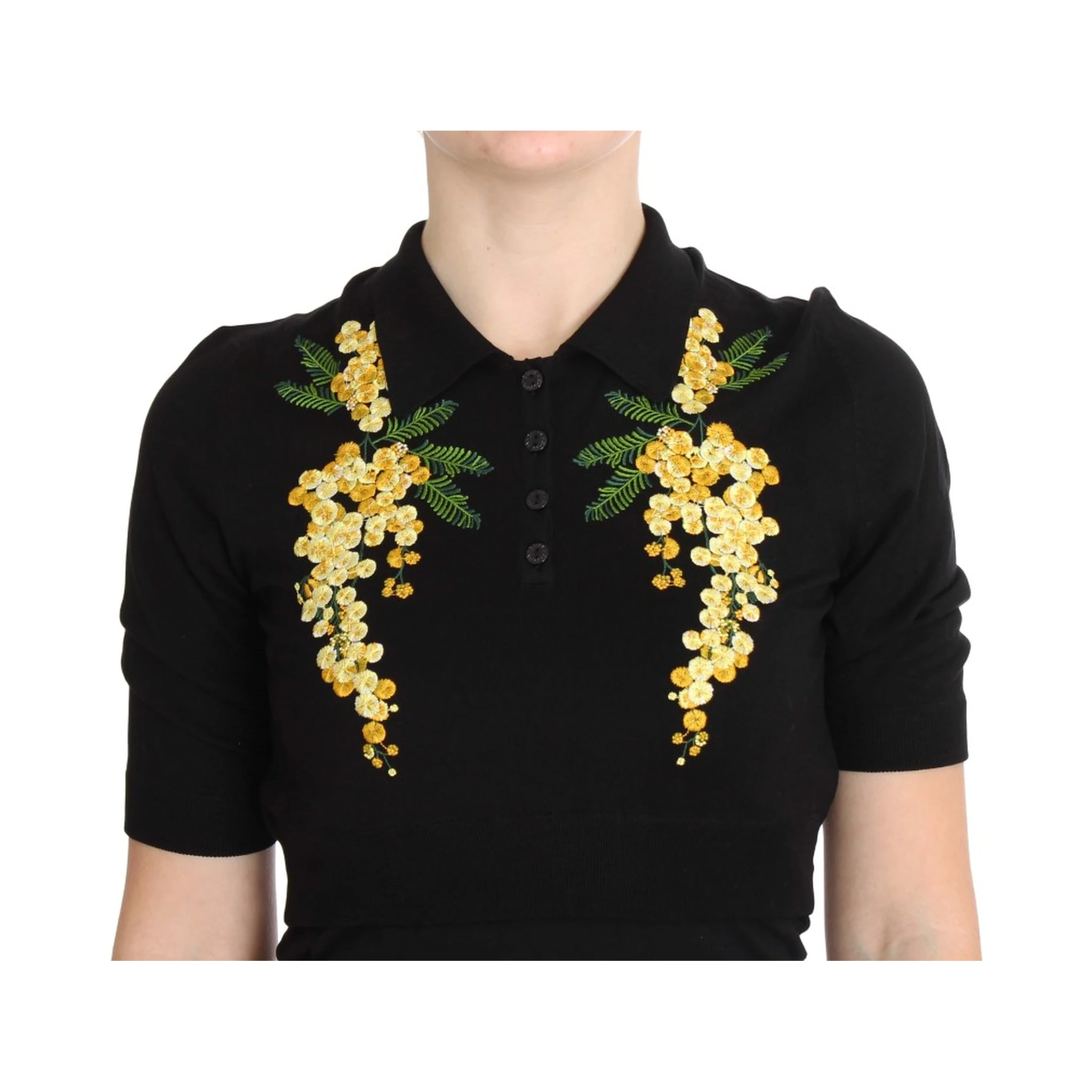 Black Silk Floral Embroidered Polo Top
