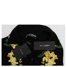 Black Silk Floral Embroidered Polo Top
