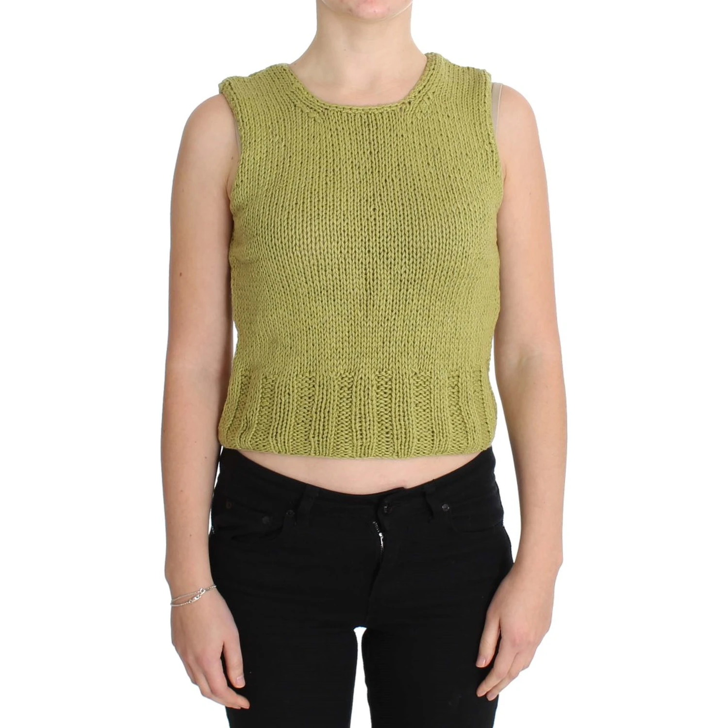 Green Cotton Blend Knitted Sleeveless Sweater