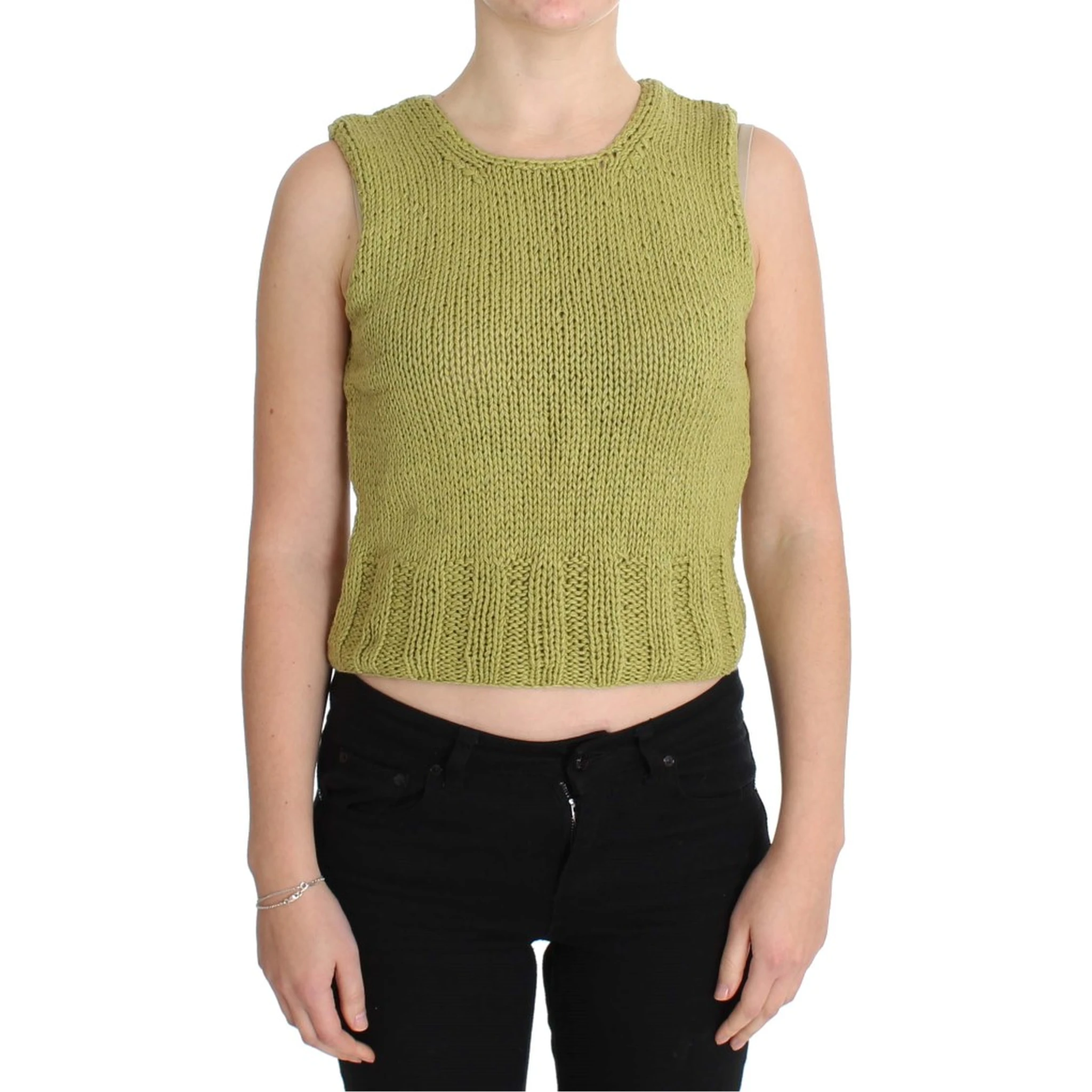 Green Cotton Blend Knitted Sleeveless Sweater