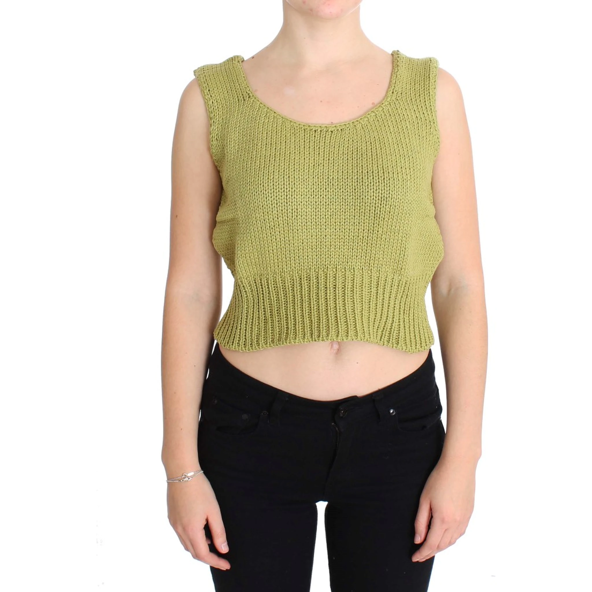 Green Cotton Blend Knitted Sleeveless Sweater