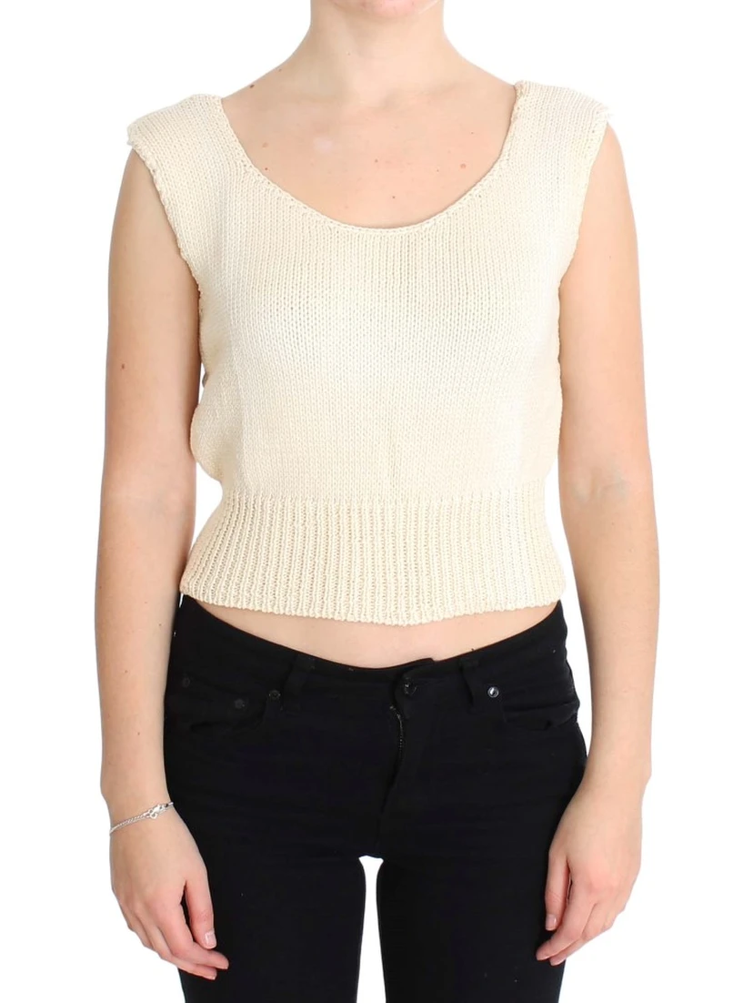 Beige Cotton Blend Knitted Sleeveless Sweater