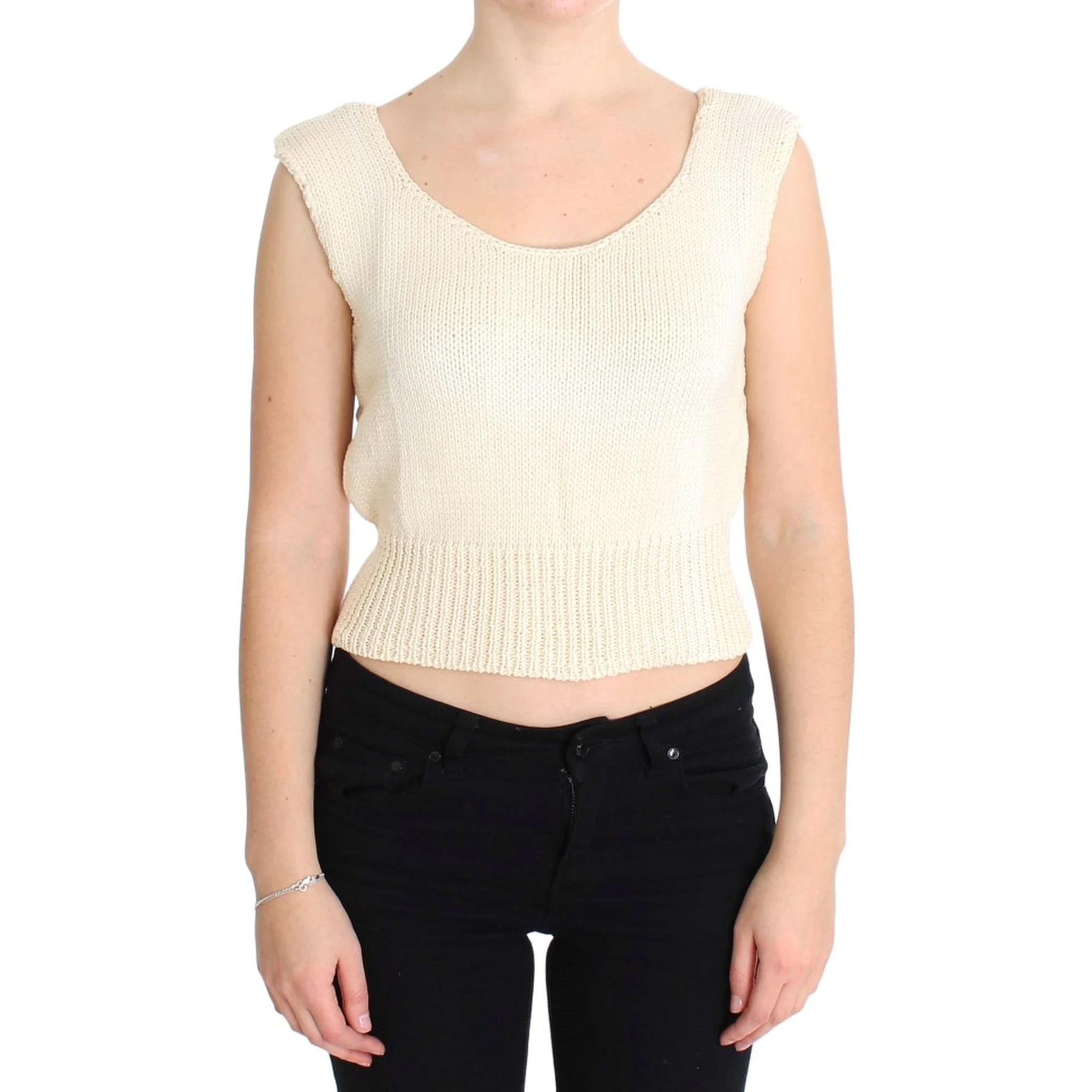 Beige Cotton Blend Knitted Sleeveless Sweater