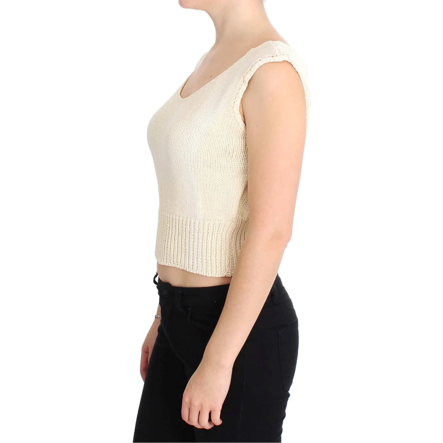 Beige Cotton Blend Knitted Sleeveless Sweater