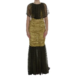 Yellow Black Floral Lace Ricamo Gown Dress