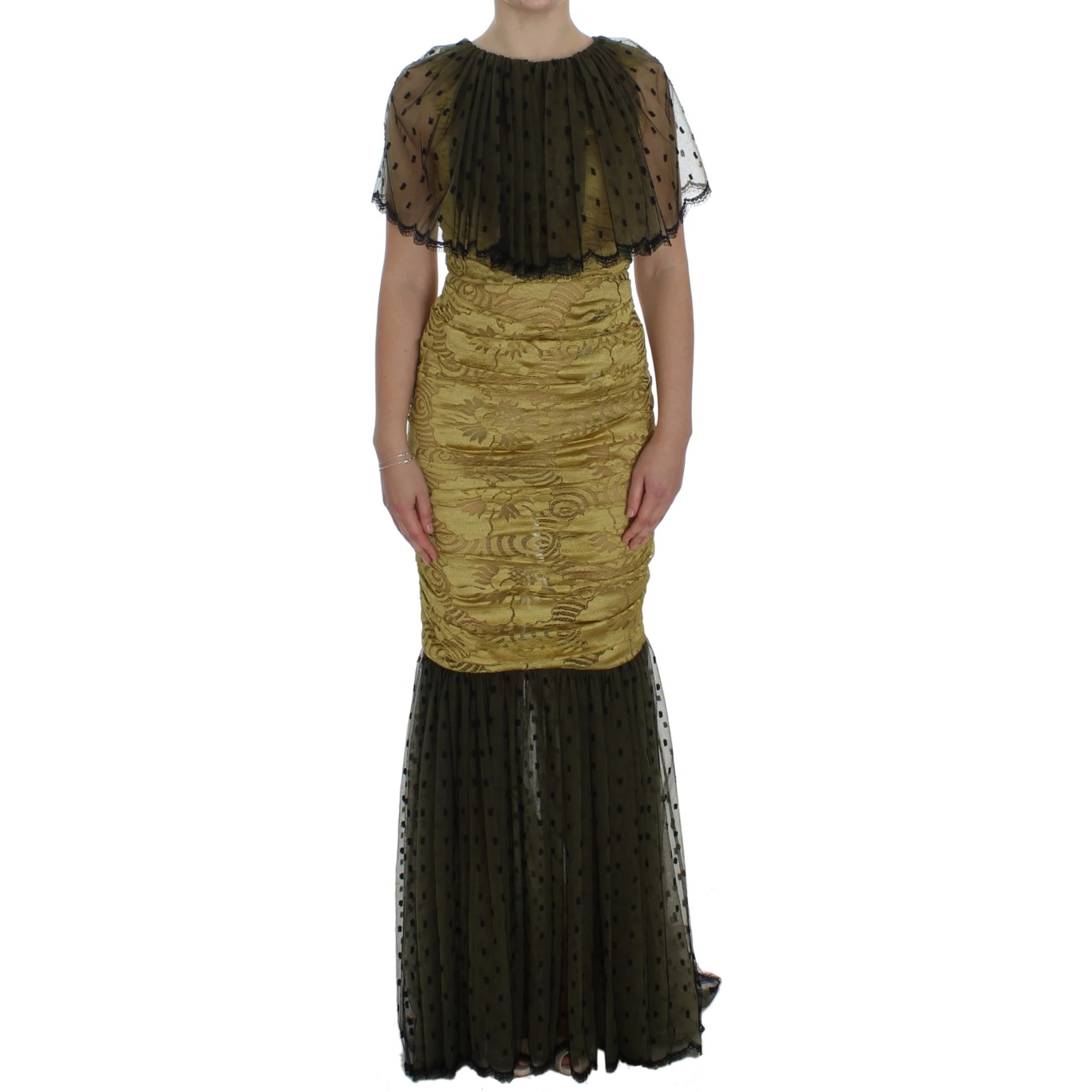 Yellow Black Floral Lace Ricamo Gown Dress