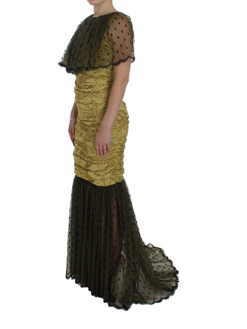 Yellow Black Floral Lace Ricamo Gown Dress