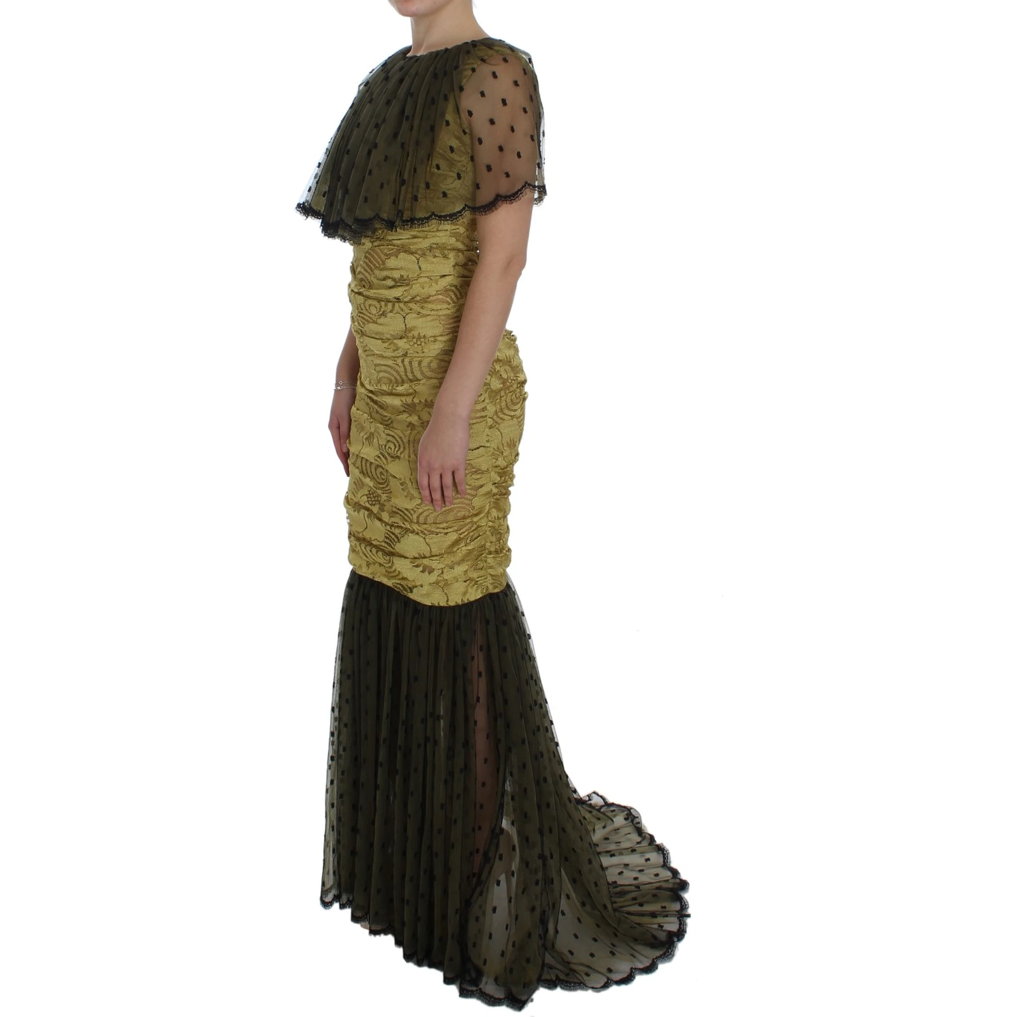 Yellow Black Floral Lace Ricamo Gown Dress