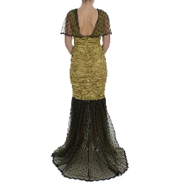Yellow Black Floral Lace Ricamo Gown Dress