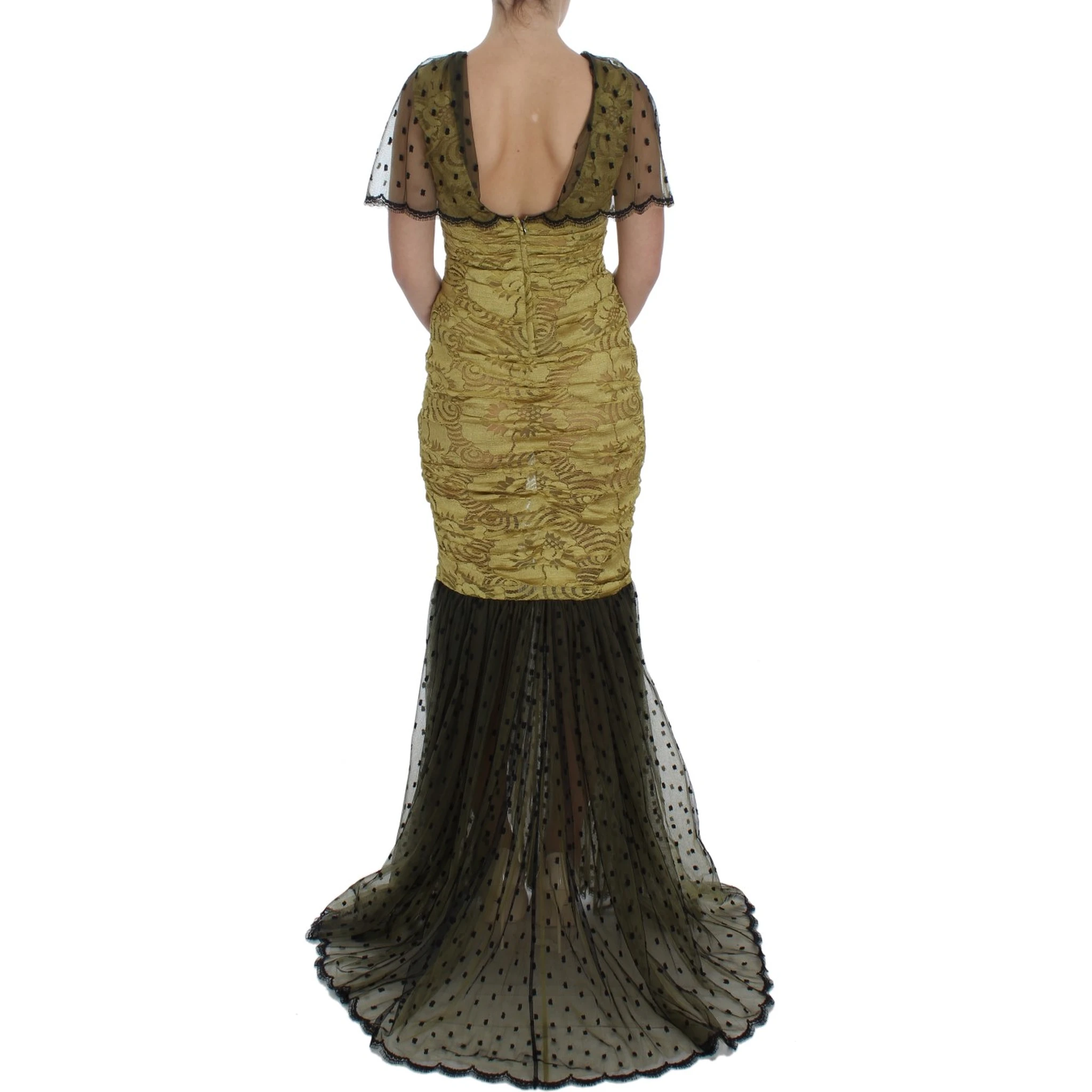 Yellow Black Floral Lace Ricamo Gown Dress