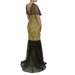 Yellow Black Floral Lace Ricamo Gown Dress