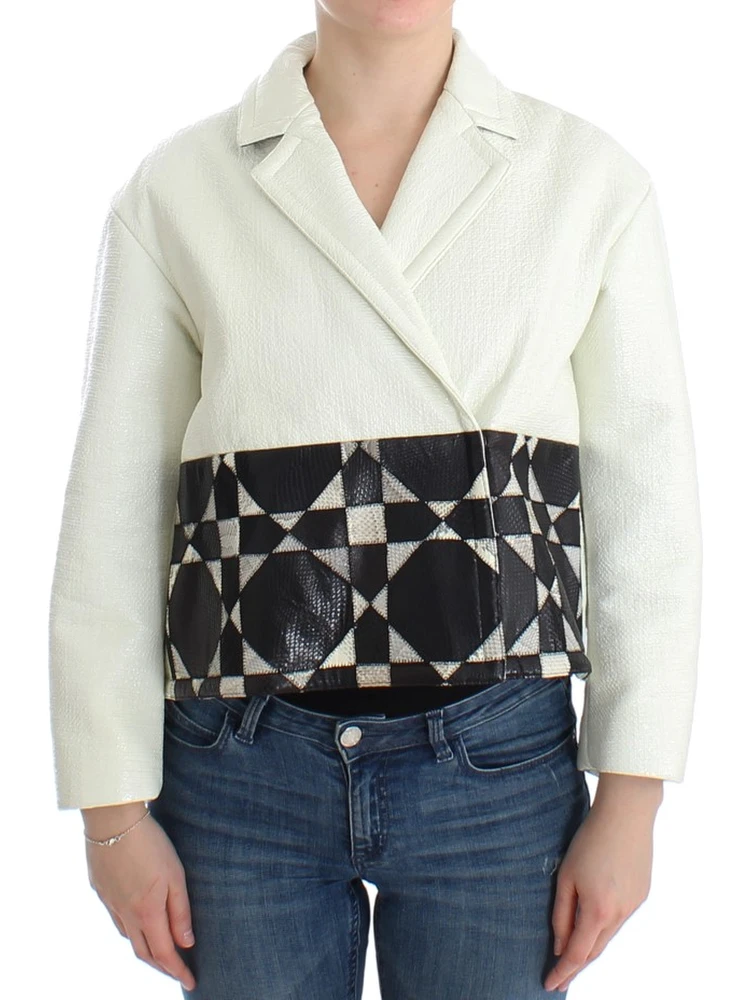 White Black Cropped Leather Jacket