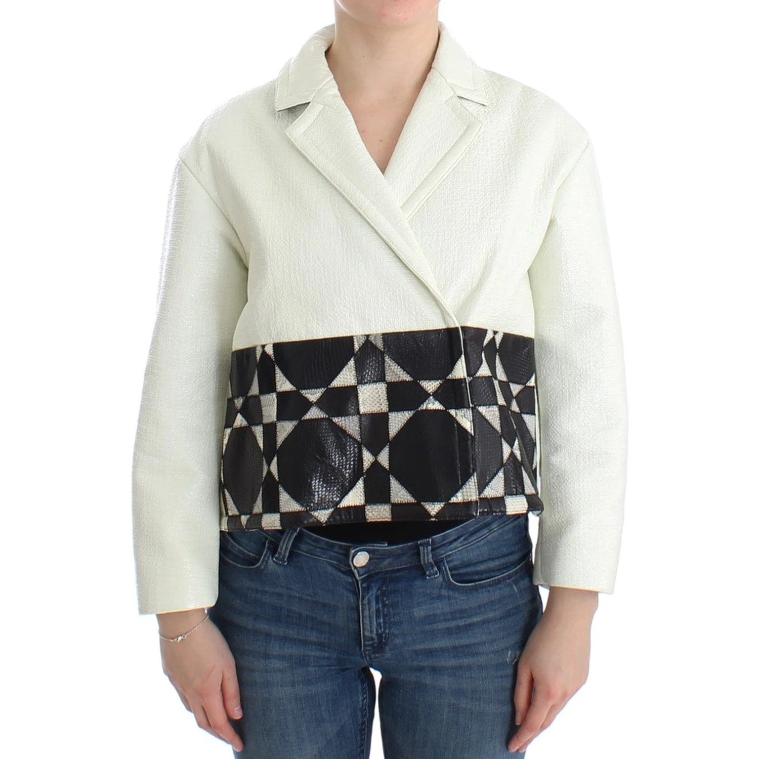 White Black Cropped Leather Jacket