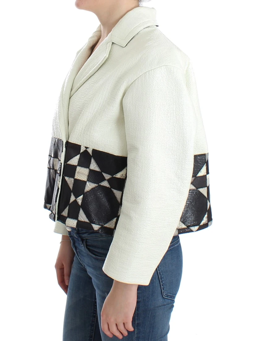 White Black Cropped Leather Jacket