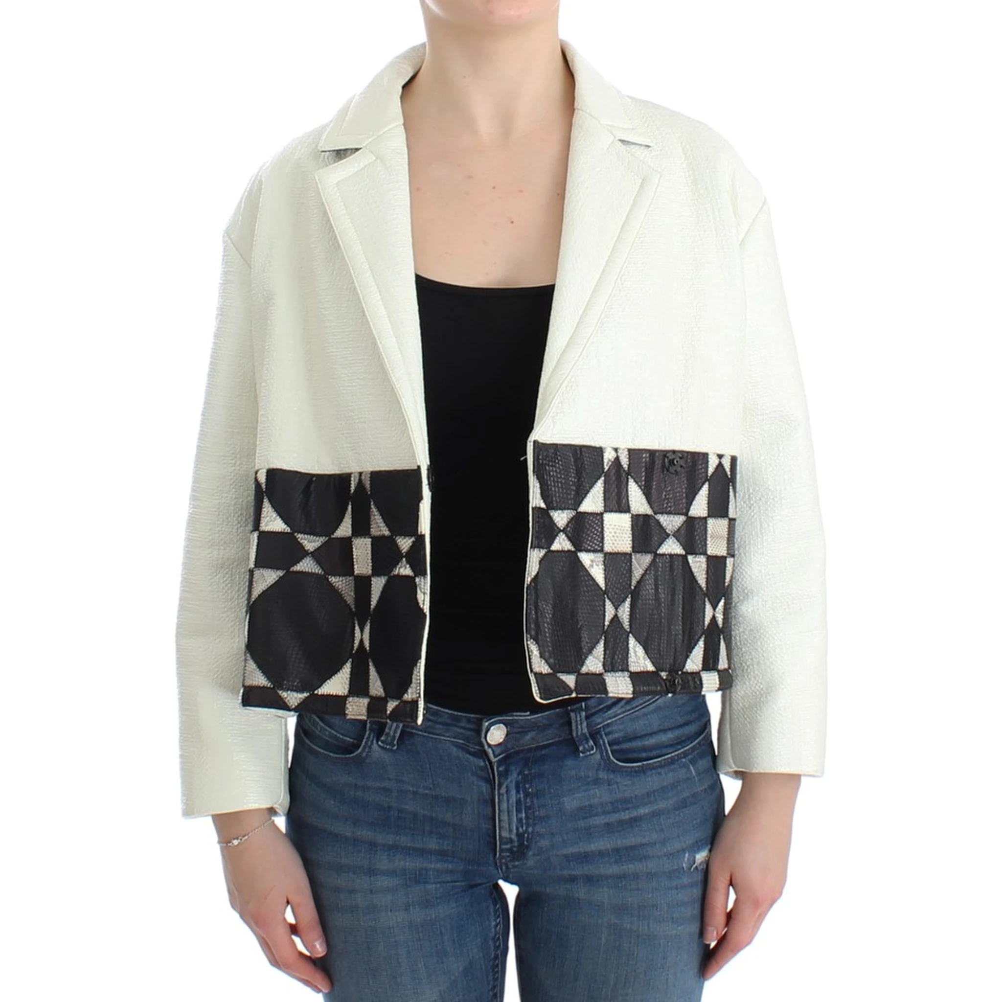 White Black Cropped Leather Jacket