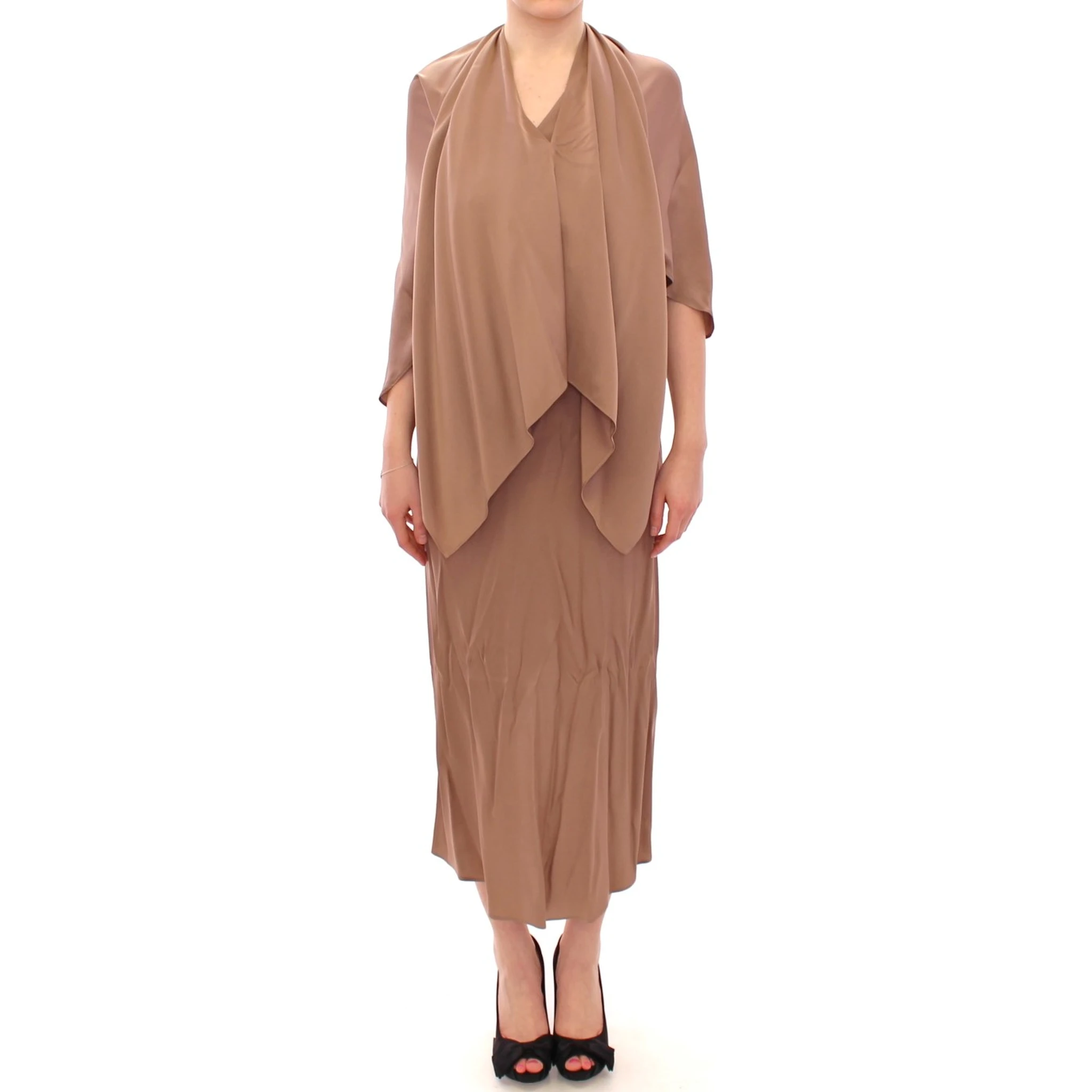 Brown Draped Silk Sheath Shift Coctail Dress
