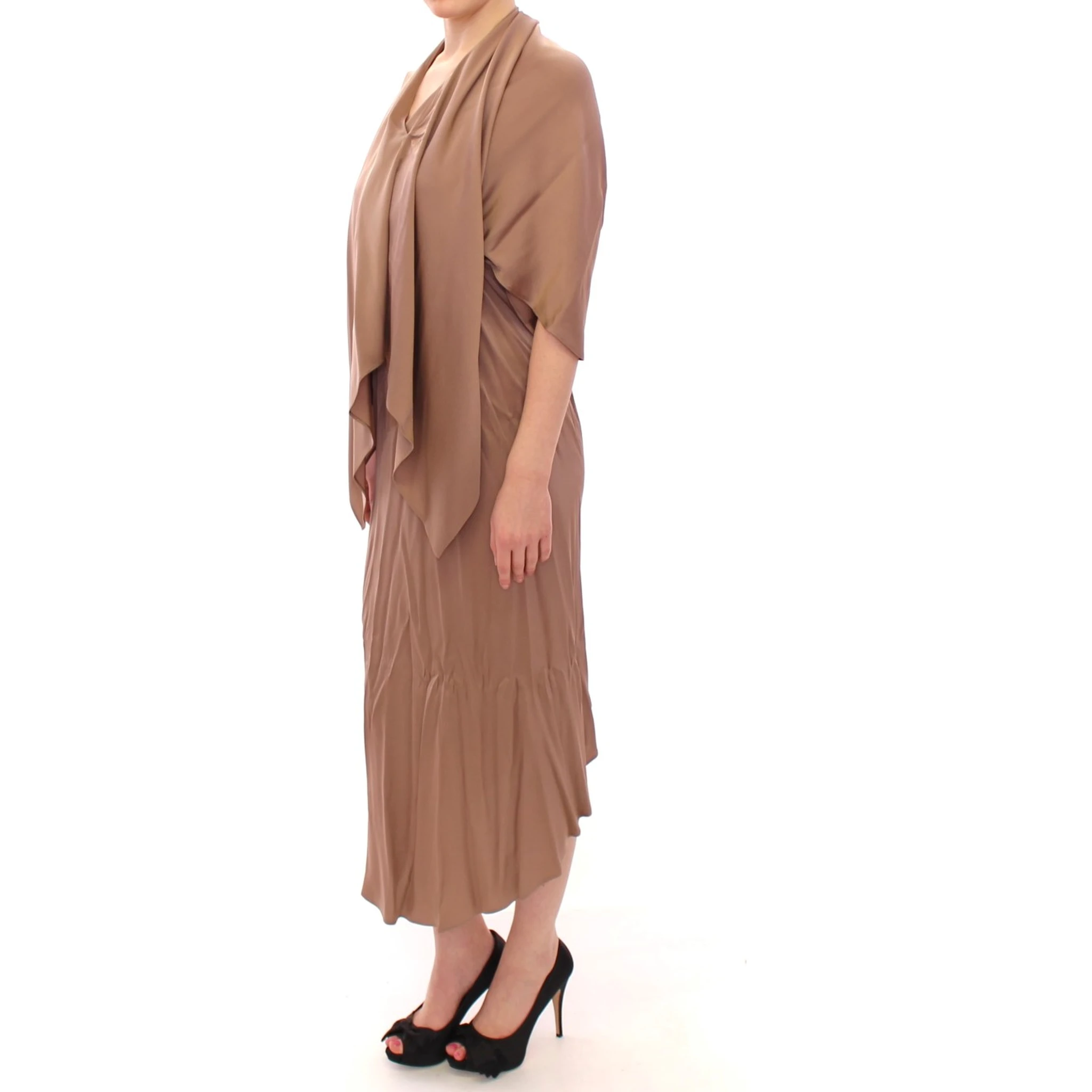 Brown Draped Silk Sheath Shift Coctail Dress
